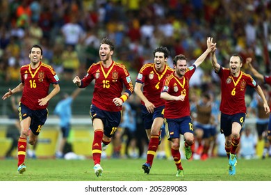 FORTALEZA, BRAZIL - June 27, 2013: Spain Team Celebrates After Winning The Semifinal Match Against Italy Held At Castelao Stadium For The FIFA Confederations Cup Brazil 2013.