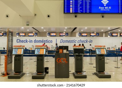 Fortaleza, Brazil - March 24, 2022: Totems of self-service domestic check-in of Gol Airlines from the Airport. Totems that facilitate and speed up the issuance of boarding passes.