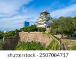 fortess at Osaka castle with clair sky. Osaka castle is Japanese ancient castle is landmark in Osaka,Kansai,Japan,