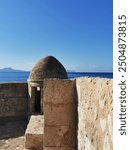 Fortezza Rethymno Crete Island, View and outlook at ocean, open sea, blue sky from medieval wall, watchtower, ruins of the fortress in Rethimno, Kastro, Europe, Greece, wallpaper, background