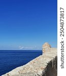 Fortezza Rethymno Crete Island, View and outlook at ocean, open sea, blue sky from medieval wall, watchtower, ruins of the fortress in Rethimno, Kastro, Europe, Greece, wallpaper, background