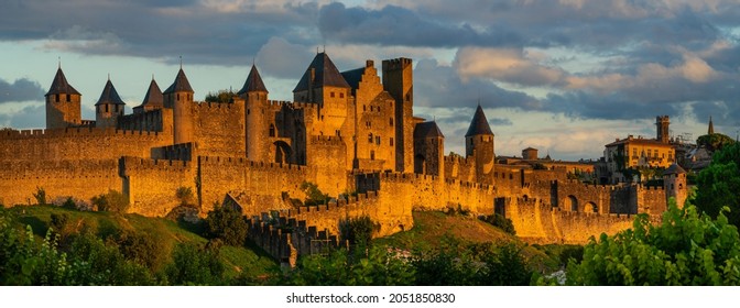 Fortifications Carcassonne in the light of the setting sun