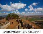 Fortifications on the Golan Heights and a view from above of Mount Bental. Border, landscape