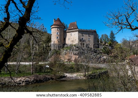 Fortified Castle in French village , in Lot department at Cabrerets