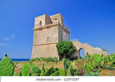 Fortified Tower In Punta Colimena. Apulia. Italy.