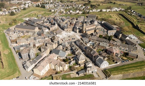 The fortified town of Rocroi in northern France. Aerial drone shots of the fortified town showing the distinctive star shape and walled defences dating from the 16th Century. - Shutterstock ID 2140316581