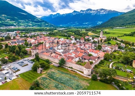Fortified village of Glorenza or Glurns in Val Venosta aerial view. Trentino region of Italy.