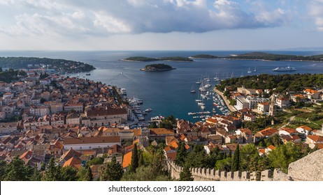 Fortified wall from Hvar castle heading down to the old town pictured in October 2017 during a stay in Croatia. - Shutterstock ID 1892160601