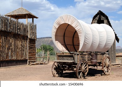 Fortress With Lookout Tower And Wagon In The Old West