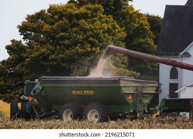 Fortuna, Missouri - October 22, 2020:  Corn Harvesting In Rural Missouri Farmland.