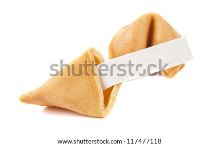 Fortune cookie with blank slip isolated on white background.