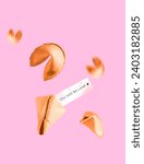 Fortune cookies with text you will be loved fly on pink background. Minimal art Valentine