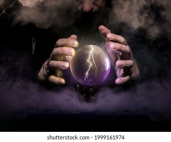 Fortune Teller With Crystal Ball On Dark Background, Closeup