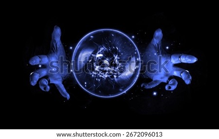 Fortune teller hands casting a spell over a crystal ball for divination, foresight, Halloween ritual in the darkness of the night