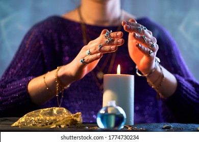 Fortune teller woman using burning candle flame for spell, witchcraft, divination and fortune telling. Spiritual esoteric occult magic ritual illustration