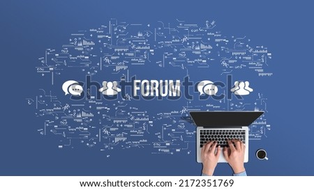 Forum concept with icons and person with laptop. Internet communication service