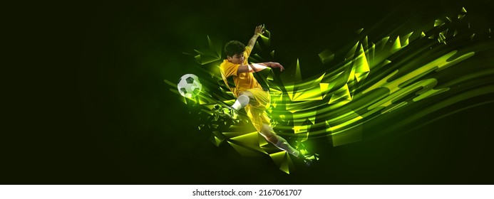 Forward. Flyer with soccer, football player in motion and action with ball isolated on dark background with polygonal and fluid neon elements. Concept of art, creativity, sport, energy and power