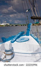 Forward View Of The Bow Of A Small Fishing Boat With Bowspirit And Rigging On A Stormy Afternoon Right Before It Started Raining