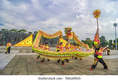 FOSHAN, CHINA - August 25, 2017:The women's dance team performs in the park, and the city of foshan is the base of the dragon dance, and many citizens like to dance dragon dance.