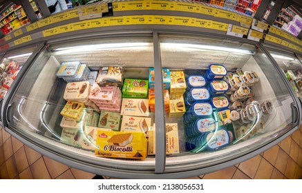 Fossano, Italy - March 12, 2022: Refrigerated Counter With Packs Of Ice Creams For Sale In INS Supermarket Discount Store, PAM Group. Fish Eye Vision In Top View