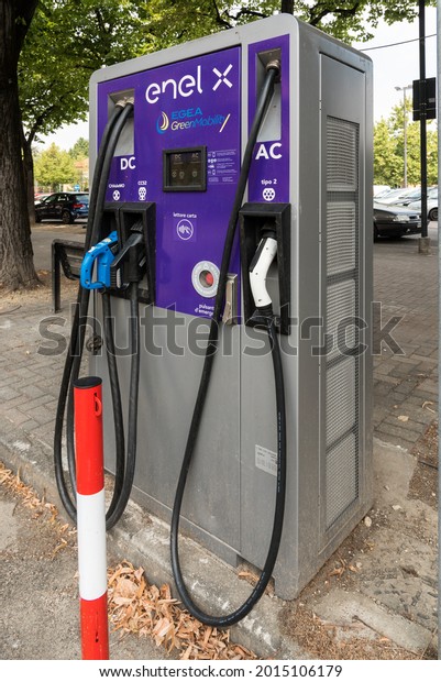 FOSSANO,\
PIEDMONT, ITALY - JULY 27, 2021: Electric car charging station of\
the Italian supplier Enel Egea Green\
Mobility