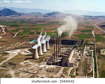 Fossil Fuel Power Plant In Operation, Aerial View