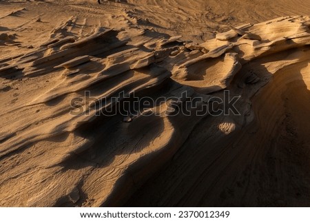 Fossil Rocks in the Desert of the United Arab Emirates. Huge sandstone sedimentary structure.