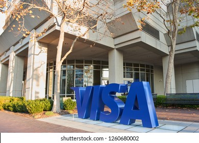 Foster City, CA, USA - Dec 10, 2018: Closeup of the VISA logo seen at VISA headquarters in Foster City, California. Visa Inc. is an American multinational financial services corporation.