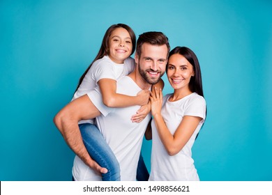 Foster Family Spending Sunny Weekend Playing Outdoor Games Wear Casual Outfit Isolated Blue Background