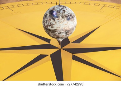 Foucault's pendulum close-up. The pendulum used to experimentally demonstrate the diurnal rotation of the Earth.