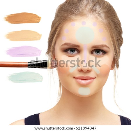 Сoverage foundation and  concealer  . Contouring.Make up woman face.