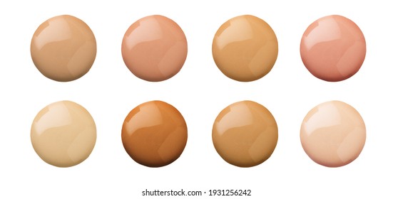 Foundation face make-up samples. Set of cosmetic liquid foundation or cream in different colour smudge smear strokes. Make up smears isolated on a white background. Foundation colors palette. 