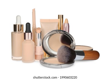 Foundation makeup products on white background. Decorative cosmetics