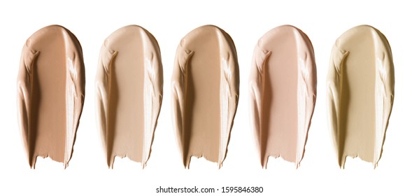 Foundation Makeup Swatch Smear Smudge Set. Beige Brown Cosmetic Cream Concealer Strokes Isolated On White Background. Color Corrector Of Different Shades Collection