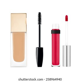 Foundation, Mascara, Lipgloss Isolated On White Background