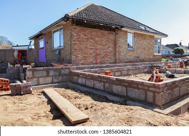 Foundation work of the house, blockwork, selective focus