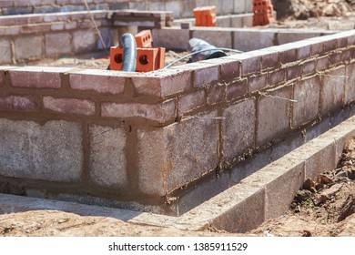 Foundation work of the house, blockwork, selective focus