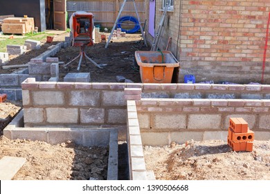 Foundation work of the house, blockwork, selective focus