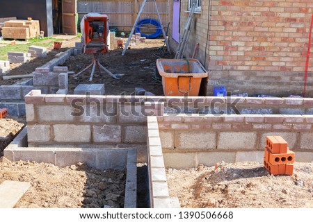 Foundation work of the house, blockwork, selective focus