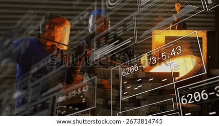 Foundry team wearing face shields pouring molten metal in foundry, with crucible and digital overlays. Industrial, manufacturing, technology, safety, engineering, automation, craftsmanship