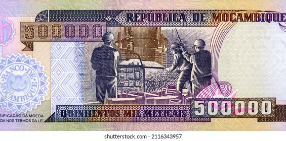 Foundry Workers At Work. Portrait From Mozambique 500000 Meticais 2003 Banknotes.