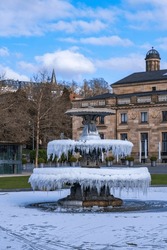 The Fountain Covered In Ice In Front Of The Casino In Wiesbaden - Germany