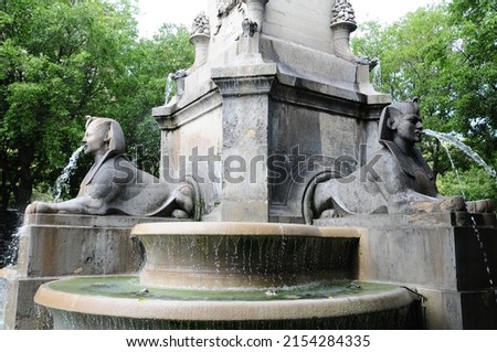 Fountain with Egyptian Sphinx sculptures in Europe.