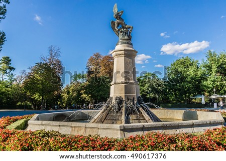 Fountain of Fallen Angel (Fuente del Angel Caido, by Ricardo Bellver, 1877) - highlight of Buen Retiro Park. Buen Retiro Park - Park of Pleasant Retreat - one of largest parks of Madrid City. Spain.