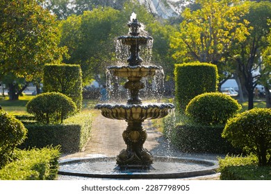 Fountain and flower garden in the park