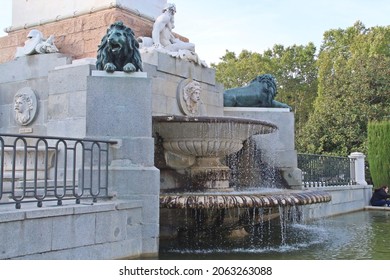 Fountain At The Foot Of The Monument To King Felipe IV. Located In The Famous And Central Plaza De Oriente In Madrid, Spain, Where The Royal Palace And The Royal Theater Are Also Located.