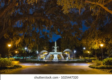 Fountain In Forsyth Park, Savannah, Georgia At Night.