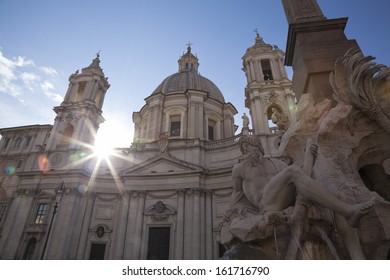 Fountain Of The Four Rivers With Obelisk, Church Of SantAgnese In Agone, Piazza Navona, Rome, Italy