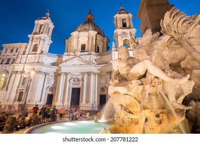 Fountain Of The Four Rivers And SantAgnese In Agone On Navona Square In Rome, Italy, Europe Shot At Dusk.