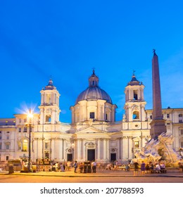 Fountain Of The Four Rivers And SantAgnese In Agone On Navona Square In Rome, Italy, Europe Shot At Dusk.